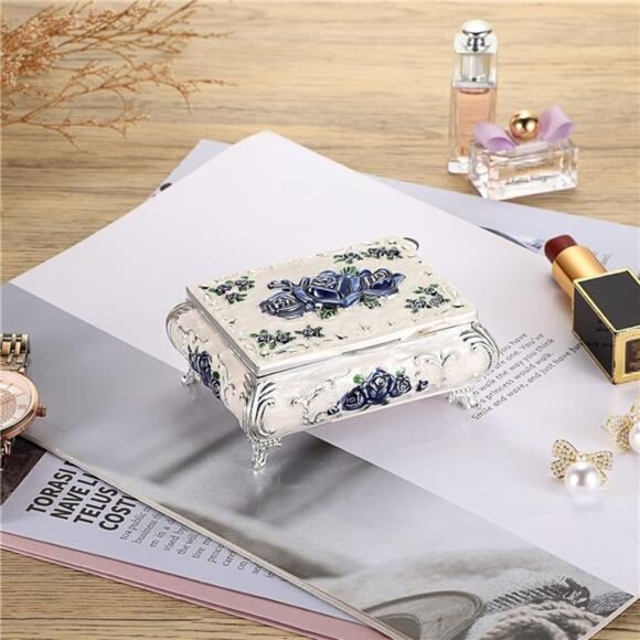 Vintage Metal Jewelry Box Small Treasure Chest Case Trinket Organizer Earrings - Picture 2 of 8